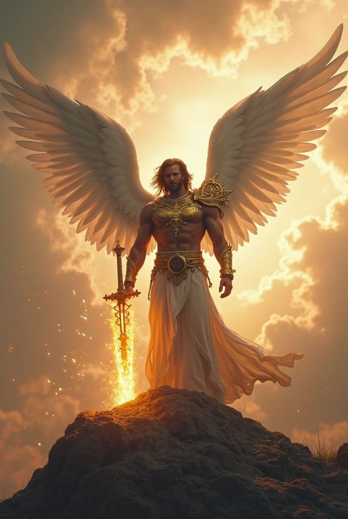 Giant male angel in a golden Greek-style tunic raising a golden sword with both hands