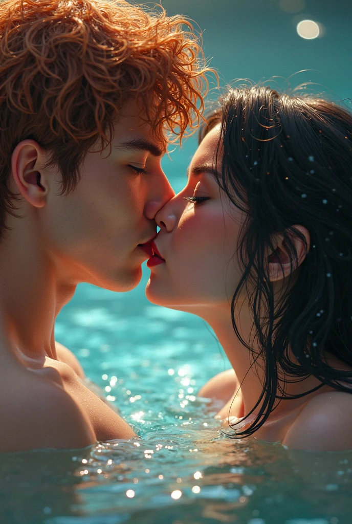 lovers kissing，Young handsome boy muscle lines, young beautiful girl stars, twinkling, precious sunlight reflecting on the water, penetrating the depths of the water, creating rainbow reflections, forbidden love in heaven ！！！Low angle, underwater scenes from below, shimmering ripples, the magical atmosphere of summer romance, clear water ！！！ dark violet and orange, shilin huang, loish !!! photograph captured with Nikon Z7 II, f/1.8 lens, balanced composition, depth of field, harmonious color palette, sharp clarity, reminiscent of the visual style of Wong Kar-Wai's My Blueberry Nights --ar 9:16 --s 1000 --c 20 --v 5 --q 2 --s 750