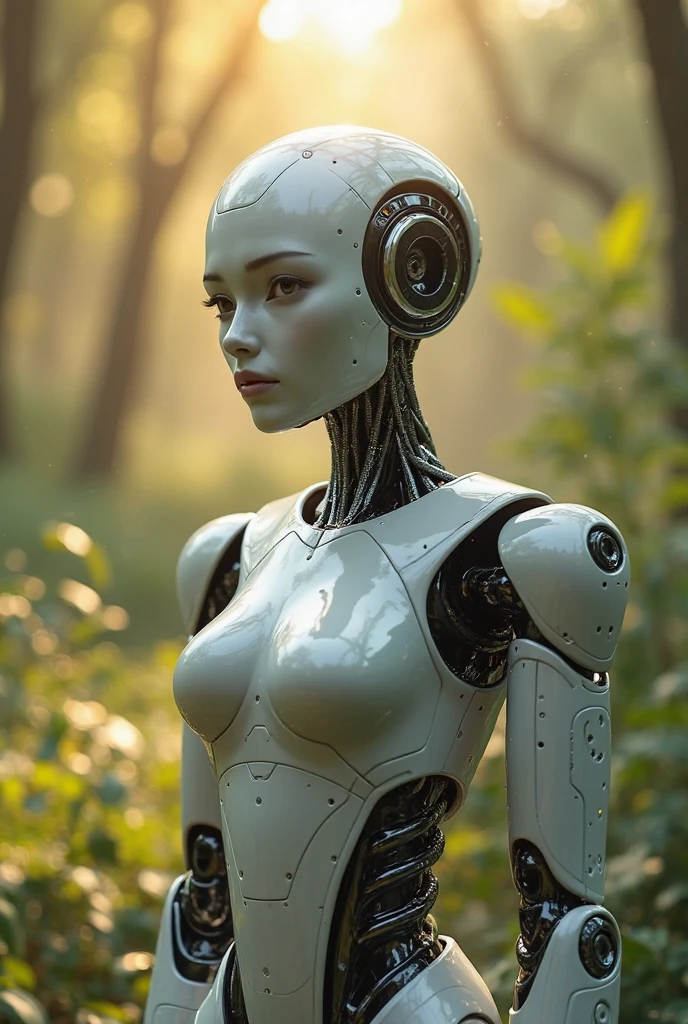 a humanoid artificial intelligence woman facing the body with tropical plants uniting digital and natural