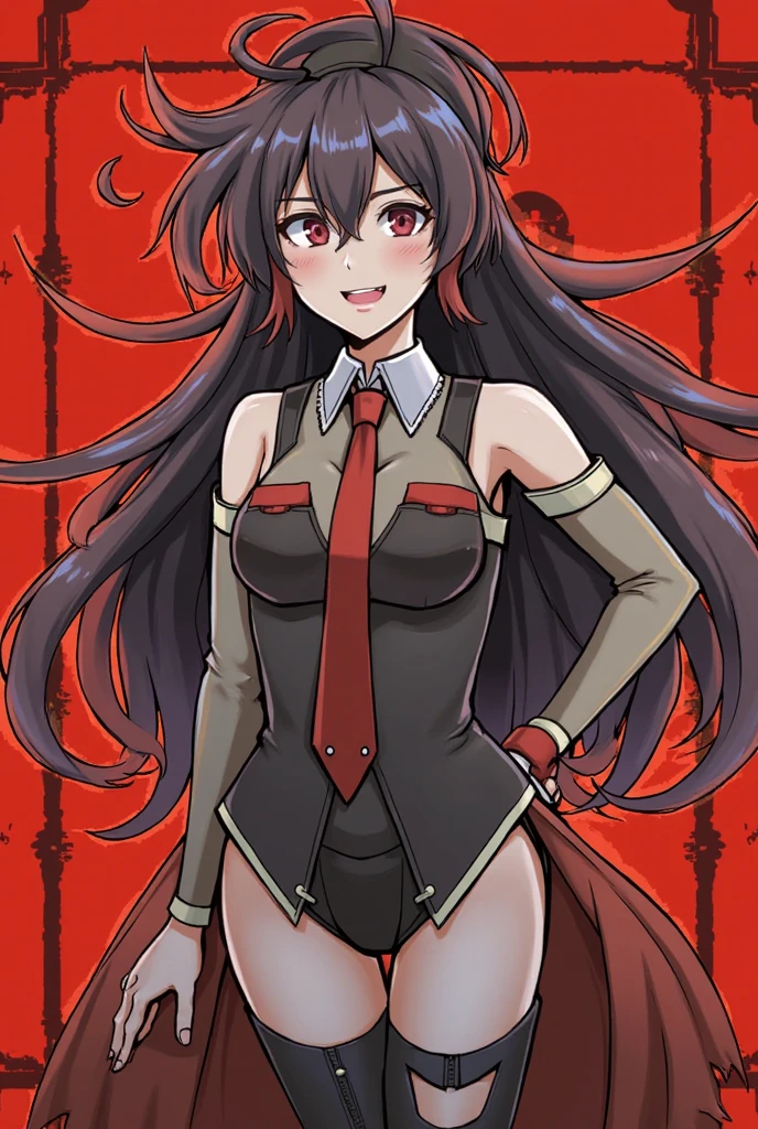 (masterpiece, best quality:1.2), cowboy shot, solo, 1girl, akame \(akame ga kill!\), expressionless, closed mouth, look at the viewer, black bodysuit, leggings, red tie, sleeveless, ass, wide hips, erotica