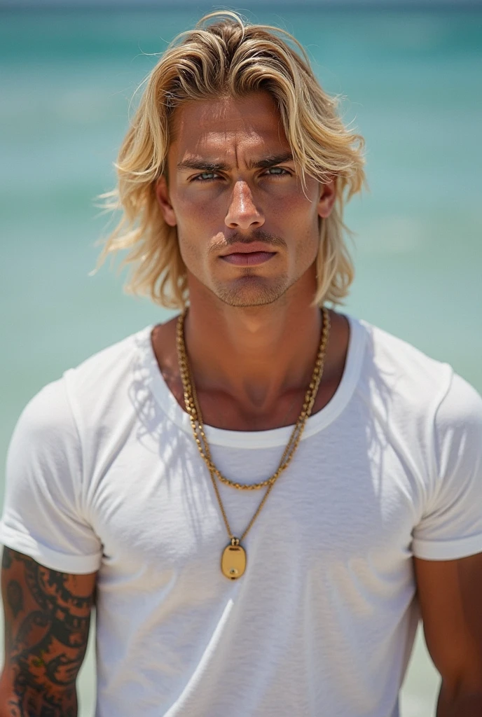 1 boy,Handsome，tall and strong,perfect male figure, eyes looking at camera, ((tanned skin)),beach，silver hair,serious expression,necklace,Ray tracing