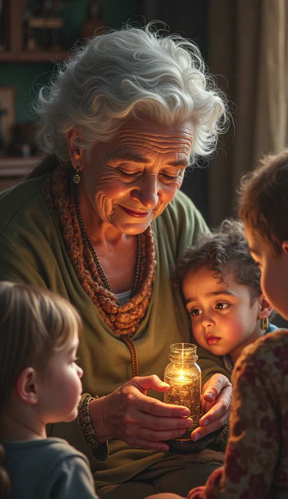 An old lady smoking a wooden cigarette and her children helping her light the cigarette 