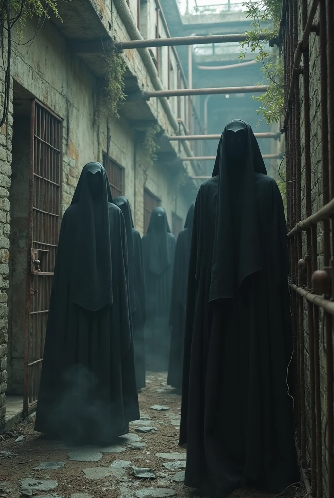 two figures dressed in mourning, walking through a deserted and destroyed city