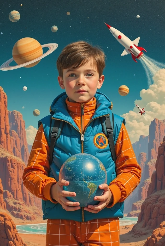 Cosmos, a little boy sits on a small planet and looks at the stars.
