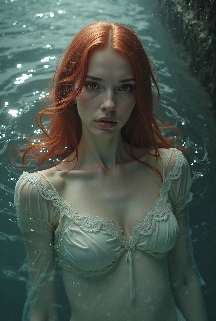 sexy twentytwo year old ginger woman in lace lingerie,  messy hair, beautiful erotic woman, candid photograph, (dramatically lit underwater lake:1.3), (dark shot:1.7), photo-realistic, (film grain:1.4), (masterpiece:1.2), sharp image, analog style, award winning photo, best quality,(shot with kodak 400:1.3), sharp,skin pores, (sunkissed freckles on face:0.6), (shot on Fujifilm X-T4:1.2), angular jawline, high cheekbones, large soulful eyes, ( film imperfections:1.2)