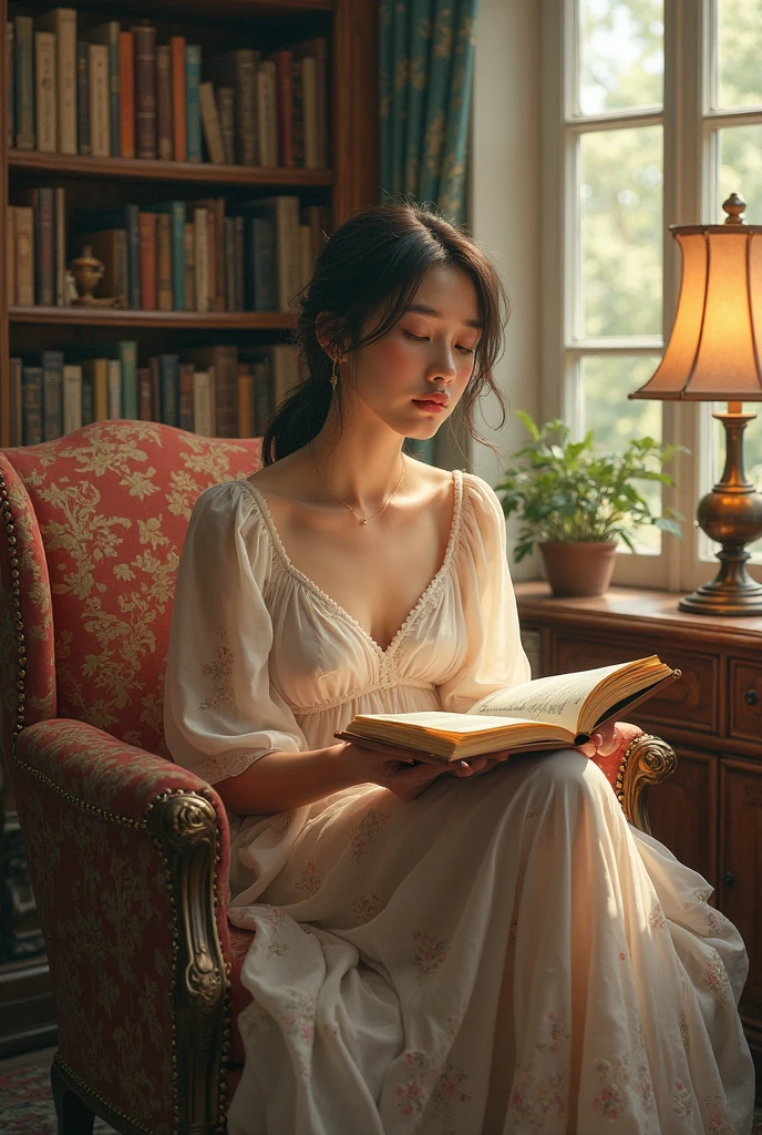 A young woman reading a book in an armchair