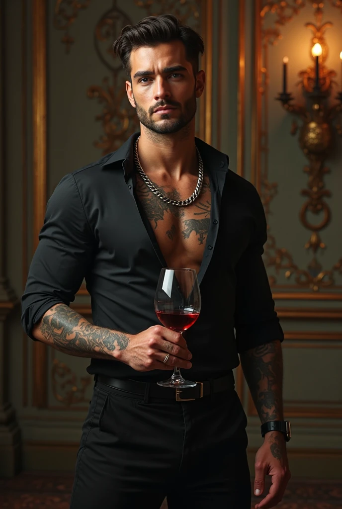 Sexy young man Rude gangster with black hair shaved on the sides with braids brown eyes thick lips athletic body masculine energy and sexy defined chin trimmed beard colored tattoo marked biceps wears black colored man Muslim style lying on a bed naked and with a glass of wine in his hand