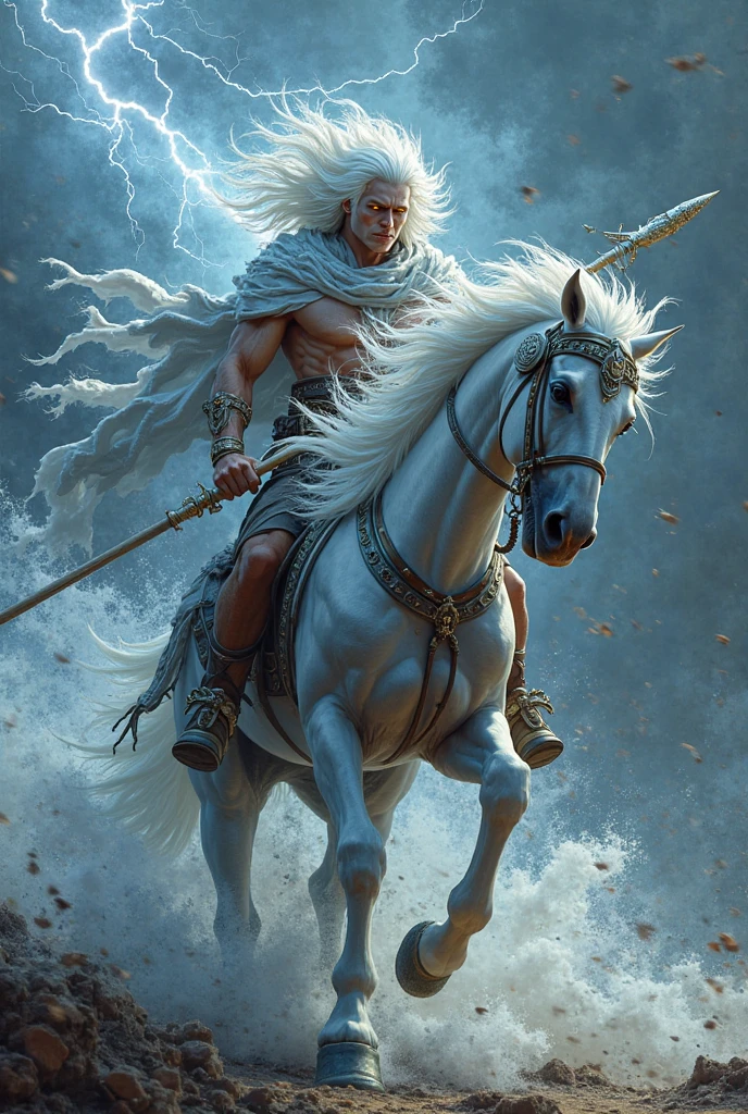 Sol-arafed image of a man with a sword in a fantasy setting, a massive celestial giant god, legendary god holding spear, the god poseidon, painted portrait of rugged zeus, furious god zeus, godrays digital painting, epic fantasy art style hd, picture of an adult male warrior, epic fantasy digital art style, the god zeus, Luna-an ethereal beauty, epic fantasy sci fi illustration, epic clouds and godlike lighting, realistic face, rugged look, furious, her silver hair riding a horse