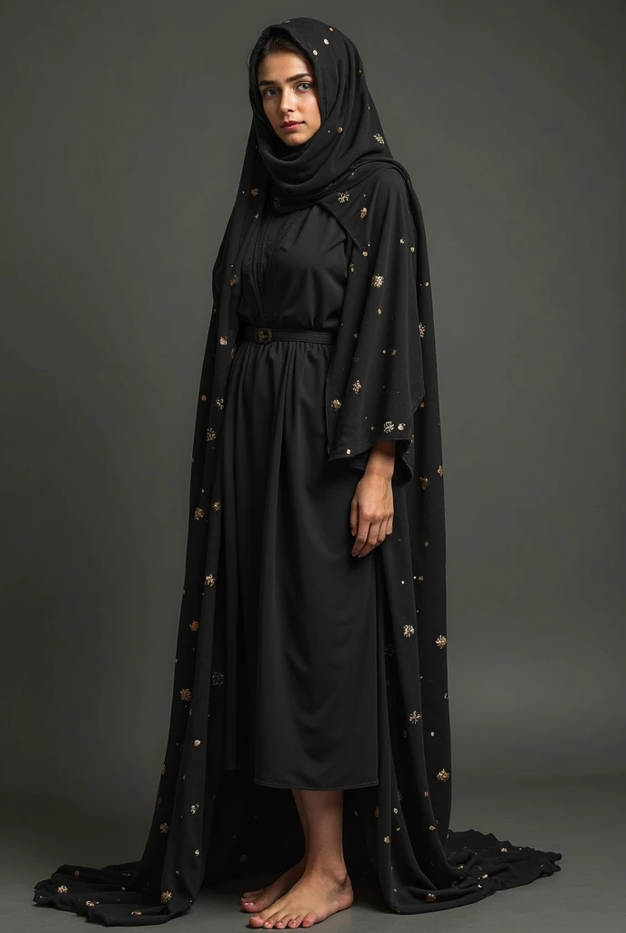 A delicate and cute arabic man crossdressing as a woman wearing perfect hijab, abaya dress, and heels, he is standing femininely in the kitchen facing to the camera with soft shy smile.