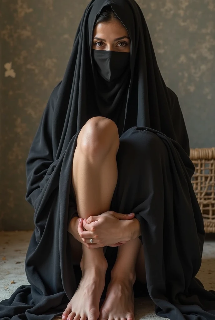 woman sitting , ameera al taweel, african ameera al taweel, femme, arab ameera al taweel, ameera al-taweel, arab ameera al-taweel, woman in black robes, inspired by Maryam Hashemi, elegant lady, wearing black robe, feet pic
