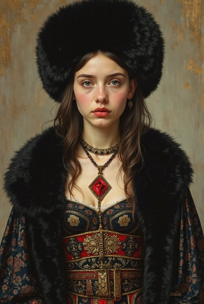 Design me a {{Colossal Masterpiece, realistic oil painting, best quality}}, a ((((a full body portrait, female focus)))), (((by Moebius Jean Giraud))), ((by Caspar David Friedrich)), (by J. C. Leyendecker), the composition is: (((a very young male noblewoman, sullen, sensual, facing viewer. She is wearing a fur hat. She is wearing a black Byzantine caftan with Praetorian elements, embroidered slavic elements, sashes, red diamond pendant)))