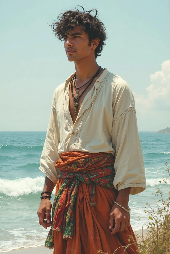 An illustrated poster for the film, hand drawn, cor cheia, um pescador masculino, 24 anos de idade, lembra Dean Cain, wearing buccaneer pants and a shemagh scarf, pele clara, stuck physique, olhos castanhos profundos, nariz largo e bulboso, Cabelo preto, topete encaracolado, sobrancelhas grossas e espessas, peito extremamente peludo, stomach, and arms, lots of body hair, posando em uma praia tropical, sombras duras, sombreamento de grafite, stencil markings, retouched acrylic ink, Obra de arte, in the style of the Lord of the Rings 