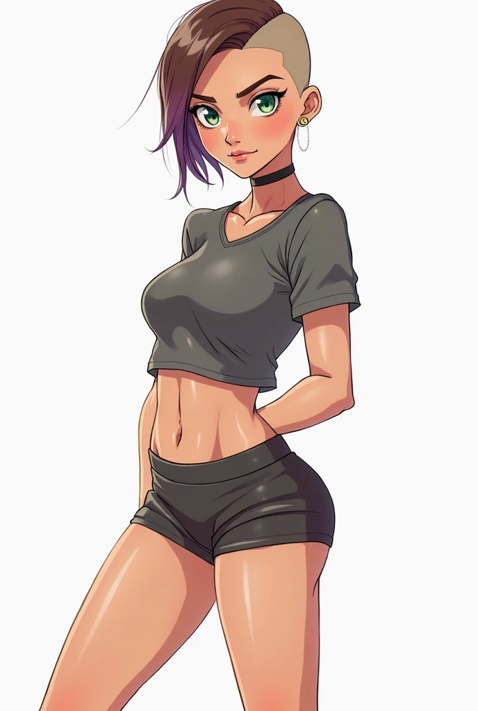 1girl, wearing a black tank top and short messy skirt, she is hard, she is oiled up and wet