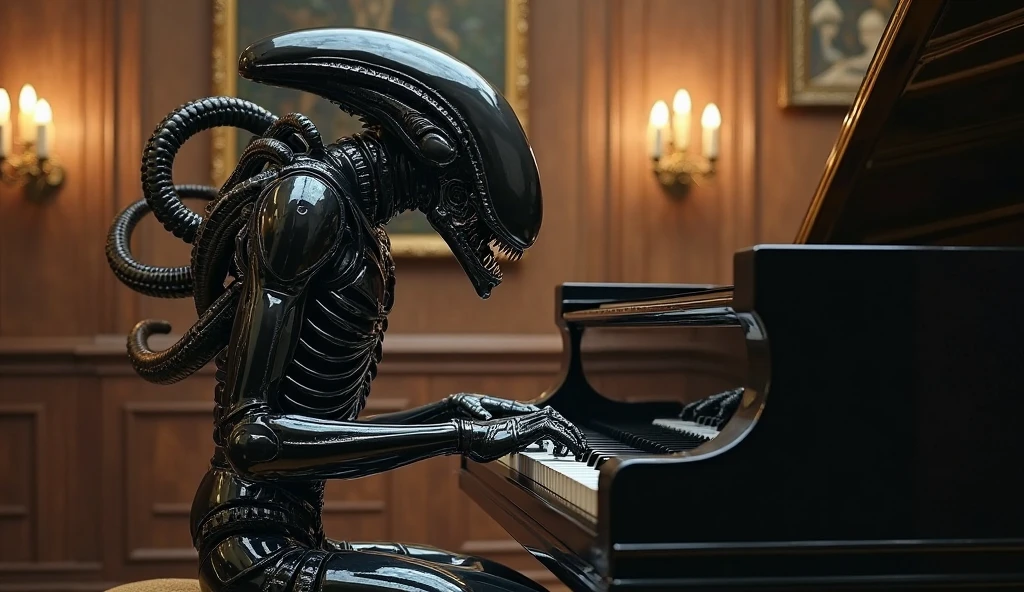 alien  playing the piano, cartoon