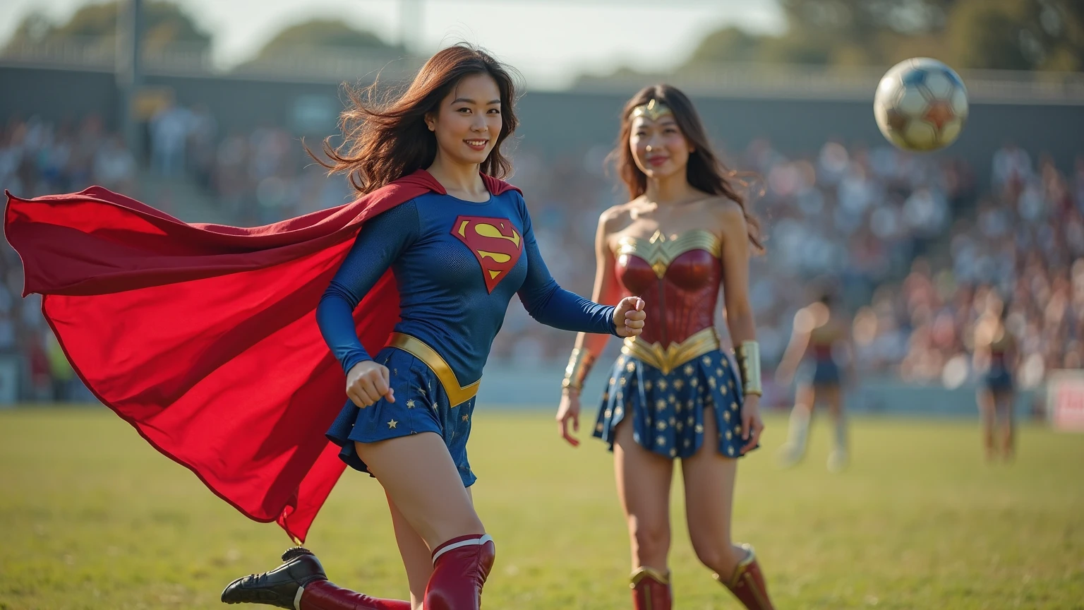 young beautiful Thai woman, blond hair, bodybuilder physique, ase wonderwoman, in the park, masterpiece, best quality, ultra-detailed, solo, outdoors, cheerful, happy, (look at viewer:1.2) (skin texture)