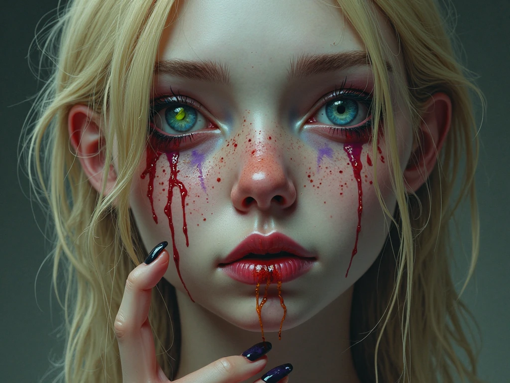 girl, Lexi Belle, blood, mouth opened, long teeth, amber eyes, freckles, soft colors, perfect eyes, horror, viscous, anime style, very thin lines, soft impressionist perfect composition, big reflective eyes, dramatic, insanely detailed, 4k resolution, cinematic, dramatic atmosphere, volumetric lighting, cinematic lighting, studio quality