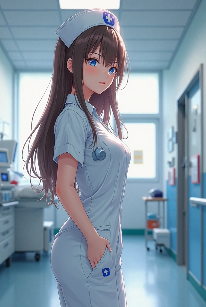 masterpiece, best quality, highly detailed, ultra high res, ayase arisa, 1girl, solo, hair ornament, brown hair in a braid, glossy lips, medium breasts, beautiful detailed eyes, bangs, nurse, nurse cap, white nurse dress, white thigh highs, ID card, nurse office, hospital infirmary, hospital bed