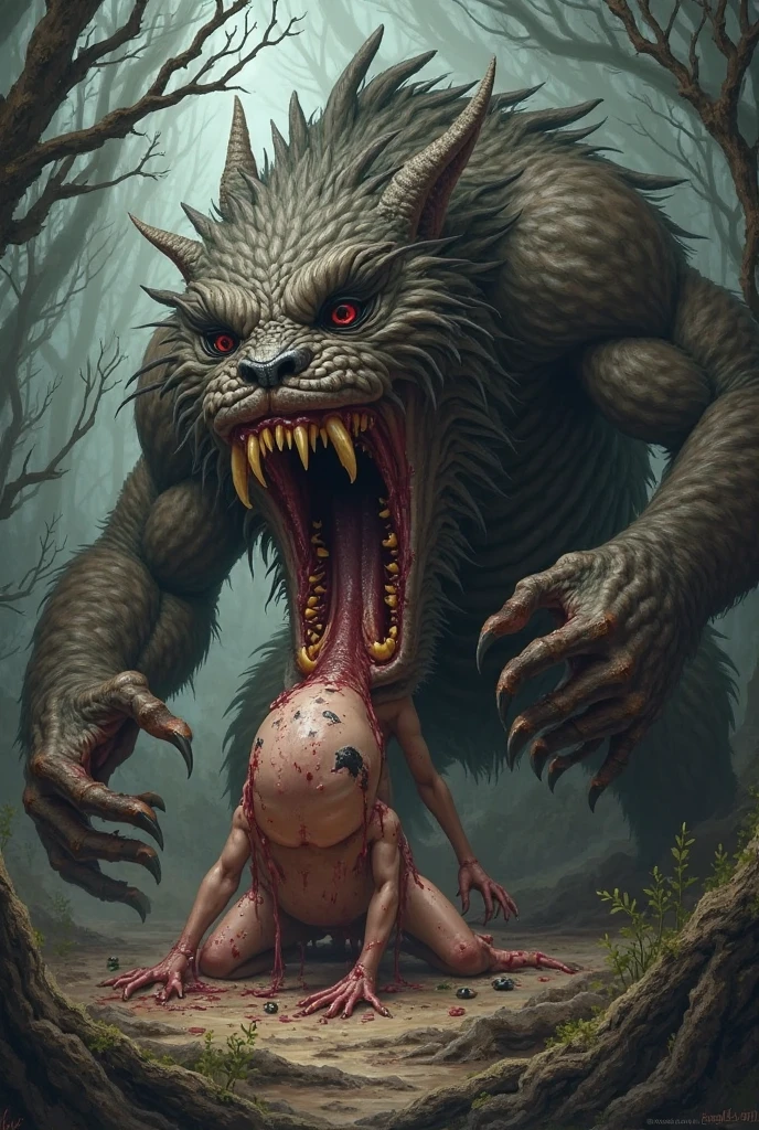 ultra detailed), a beautiful and detailed full size portrait of a female anthro human getting penetrated by a black monster, big monster, pregnant human, legs grab, monster penetrating human, against wall, dominating male, penis in vagina, human raped, one eye closed, licking, sex forced, licking, after sex, after ogasm, licking body, nipples, torn clothes, ,monster /human, male/female, screaming, feral on human, non-mammal breasts, roar view, , pov third person view, big body, sexy body, (((gangrape, gangbang))), wide hips, kenket, Ross Tran,ruan jia, trending on artstation,foxovh, cenematic lighting, big butt, vines, cavern, detailed background, night, fog, sad, blush, detaled eye, nude, big penis, big balls,