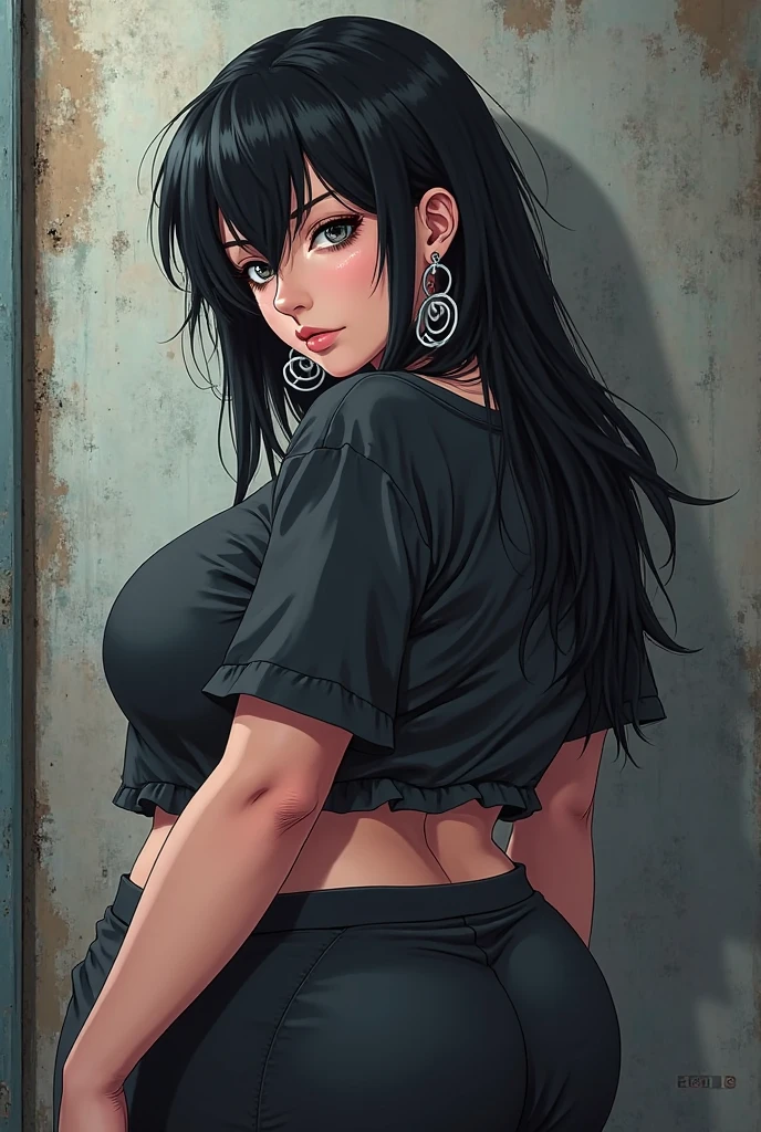 Anime girl, with brown skin tone, big boobs, brown eyes, small eyes, wavy black hair, and a small tattoo of koi fish make it cooler. DO NOT MAKE HER WEAR A BRA, just sleeveless. FIERCE LOOK and she should have a gun in her back. Side view and dangerous look