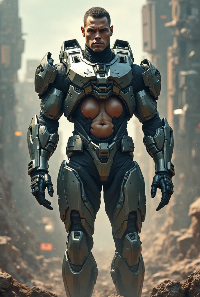spartan halo, big breasts, wide hips, high res, high resolution, thick thighs, realistic, raw photo, thick thighs, body suit, standing pose, nipple outline, sunset, beautiful lighting, low angle, full body, wallpaper, 4k, 8k, background, (hand on hip), highly detailed, detailed fingers