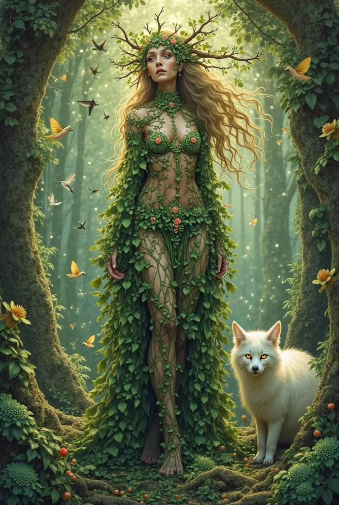 girl and pet fox, girl with a body full of plants, sexy and naked, her entire body is wrapped in plants like an elemental of nature, long brown hair, she lurks in a deep and dark forest with her pet fox (art inspired by Bill Sienkiewicz, intricate details, oil)