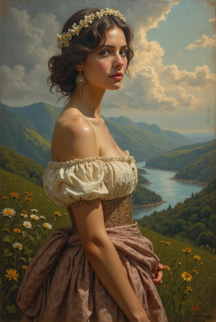 (((oil painting by John Everett Millais))),
A beautiful mature woman is working in a open field , steampunk style, beautiful face,long hair, wind,bangs, a giant spaceship behind her, blue sky, cleavage, perfect body, perfect breasts, high heels, chubby body, micro dress, outdoor,