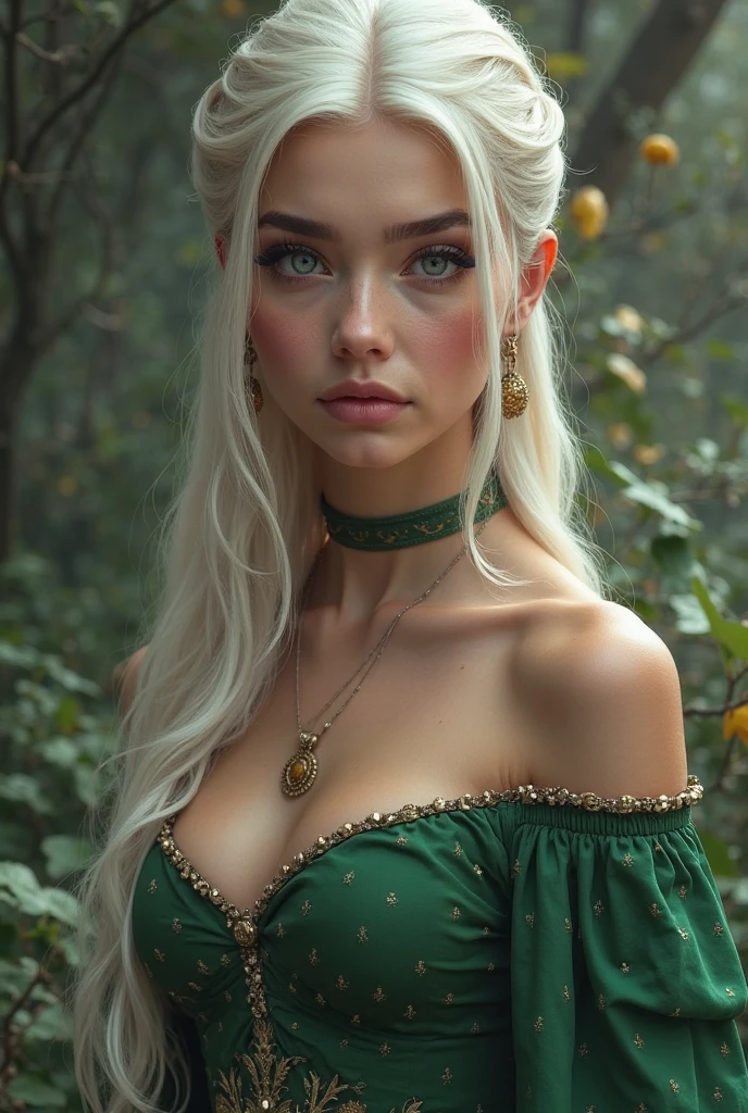body shot, fair complexion, gorgeous voluptuous vampire woman around 19 years old, curvaceous body, cleavage, thin waist, thick large hips, walking in the forest, natural white hair, distinctive green eyes, wearing kohl, slender and graceful, wearing high heels, short skirt, beautiful, candlelight in a medieval setting, ultra sharp focus, realistic shot, medieval female clothes, tetradic colors (scar:1.4)