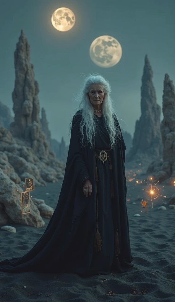 Old witch woman in magic lagoon in the andes mountains at night