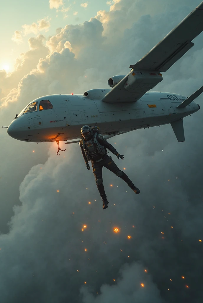 "Create an image of a person leaping from a plane in mid-crash. The scene should convey urgency and danger, with the plane in the process of breaking apart and debris scattered in the air. The person, depicted in free fall, should have a look of determination or panic. The background should show a turbulent sky with dark clouds and glimpses of the ground far below."