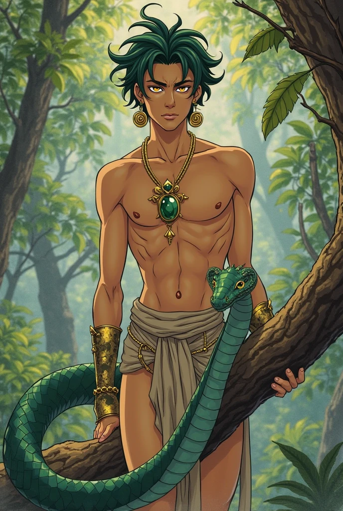 Young man under, delgado, blue snake tail, little blue horns, brown skin, and some multicoloured scales. short hair. anime style, cartoon style, Digital art, high detail face, tan lines. Clean and delicate face. Friendly face, whole body. lying on the floor, relaxed pose, laziness. tribal clothing, short skirt, bare legs, soft skin, bone ornaments, Gold bracelets and accessories, simple background.