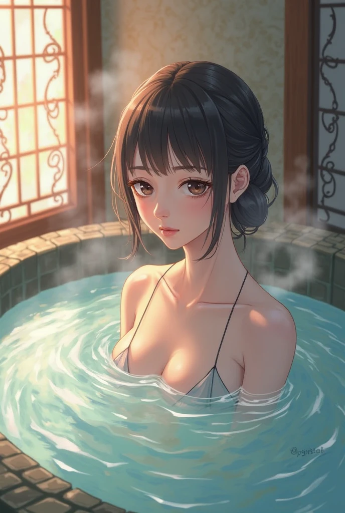 best quality, highres,Slender、brown eyes、tall、black hair、(forehead:1.3),bun hair、(hot spring:1.6)、(naked:1.3)、Silver earrings、shyness