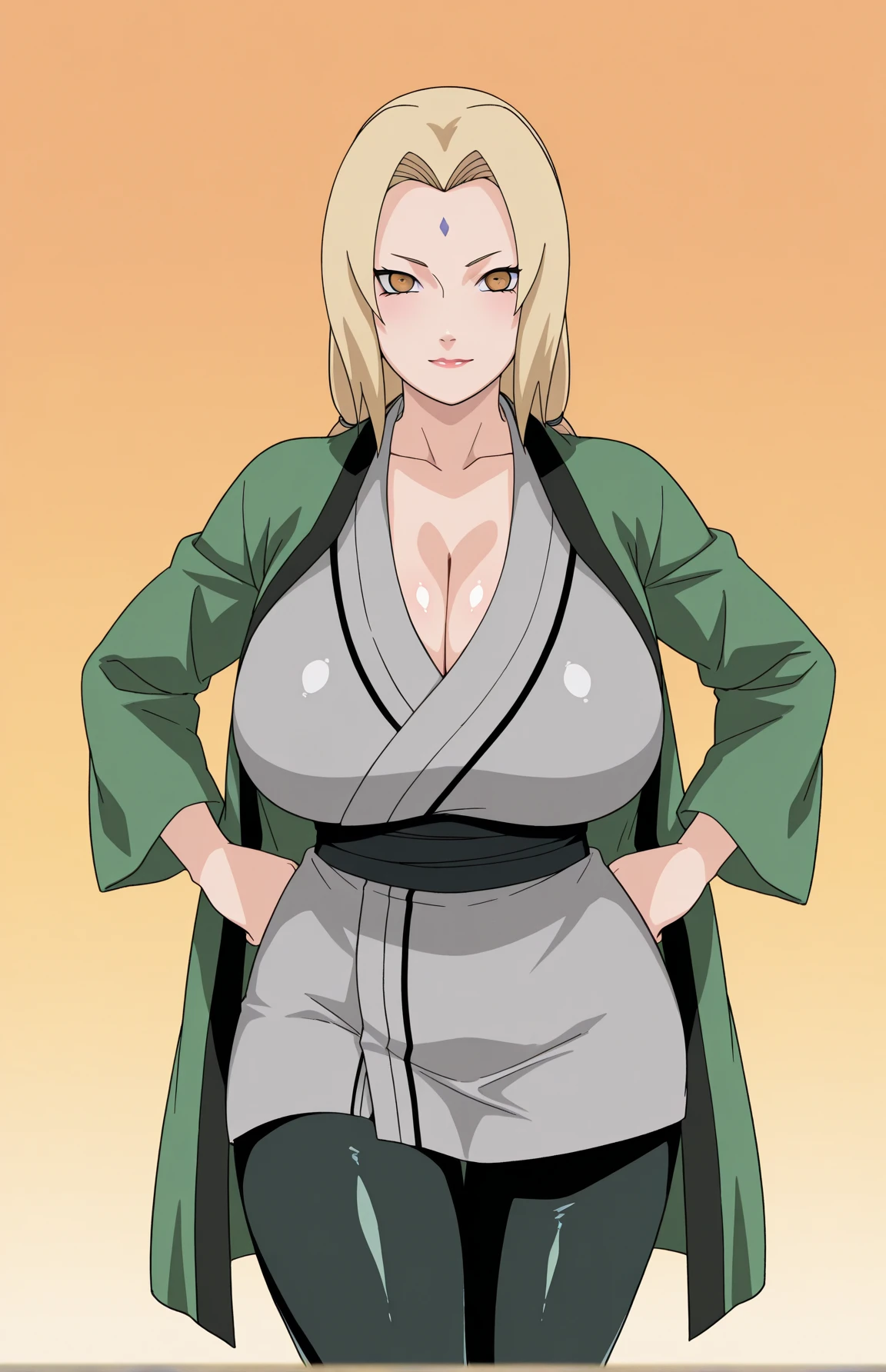 <lora:Senju_TsunadeV4:0.7> senju_tsunade, huge_breasts, Grey_short_kimono_Blue_obi_Blue_pants_Green_haori, masterpiece, best quality, detailed face, detailed eyes, highres,