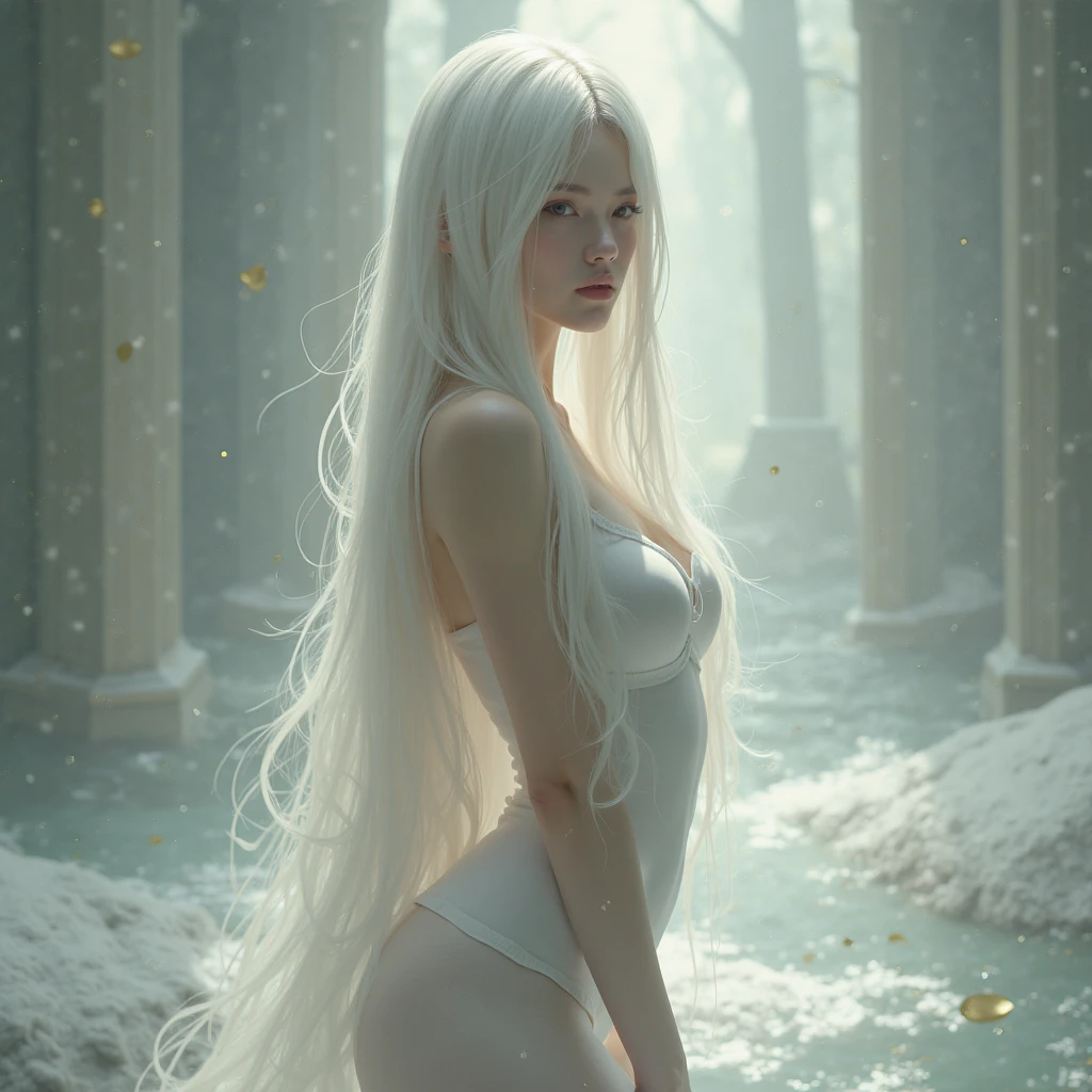 sfw,full shot, full detailed body, erotic masterpiece, Romantic mood, miniature lolita 20 years old albino rapunzel in a transparent tunic walks barefoot along the seashore on the left, a wave and sea foam roll over the girl's legs in a wave,detailed wet body and legs,wet skin,graceful endomorph physique and tender and beautiful girlish, small breasts in the shape of a fox nose. through the fabric of transparent panties, a convexity of feminine charms is visible, the lighting of the scene from the right behind the sun falls forming a rim light around the contours of the girl, in front of the soft light is reflected, highlighting the face and body forming soft beautiful chiaroscuro, shot on Nikon Z9 II and telephoto lens Nikon NIKKOR Z 135mm f/ 2.8 VR, chiaroscuro, hyperrealism, brightness, 8k, best quality, UHD, masterpiece, super detail, best quality, Jose Villa style, fine art style, romantic erotic masterpiece --auto --s2