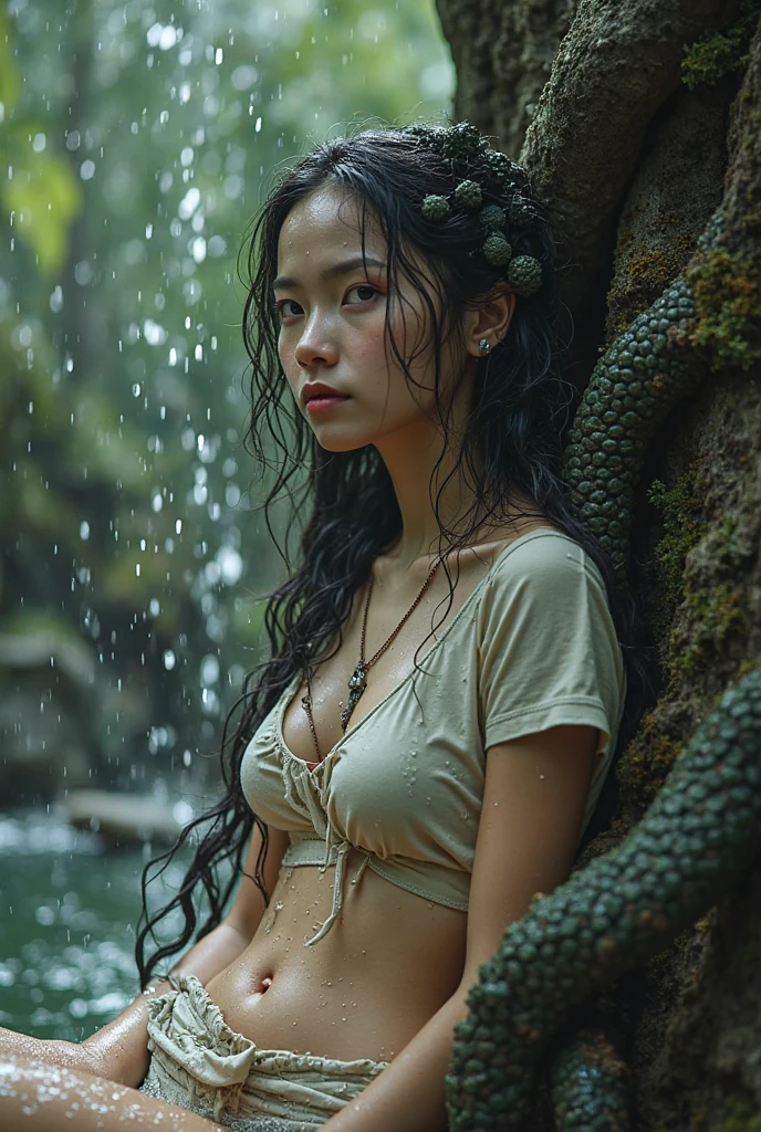 A beautiful Japanese girl with fair skin and angelic features.......... She'Tarzan the Teenage Ballerina、Looks like a slender 12 year old. The girl is wearing an African Tarzan costume, tome'a little embarrassing for her. She has a childish appearance with a flat . The setting is the African jungle....,participate in a tribal festival、 The atmosphere in the forest is professional and clean....... ...... The artwork is、Must be realistic, Highly detailed photorealistic quality, high resolution render, Gives a cute and innocent atmosphere. Lighting should be balanced and natural, Beautifully illuminate the scene.、Show nipples、Underpants１becomes a sheet、