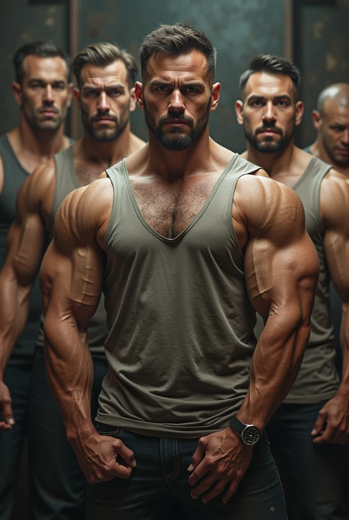 make a really buff guy, big lats muscles, perfect bodybuilder physique, alongside with his two other gym buddies that are also as goodlooking as him, the other one has a dark skin color and has a buzzcut, with texts saying "Rockwell, Dhennis, Yvan" have them looking forward, the other one has a bowl cut and the other one has glasses and has a light skin color