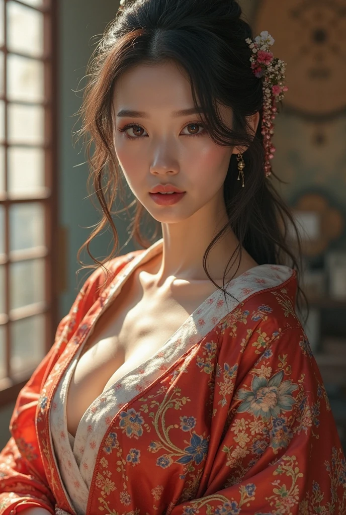 (Highest Quality, 8K, 32K, Masterpiece, UHD: 1.2), Perfect Anatomy, (Photorealistic: 1.2), (Sharp Focus), Soft Light, (Accurate Anatomy), Perfect in Every Detail, 1girl, (Cowboy Shot), Sexy courtesan, cute face, beautiful and seductive figure, wearing a sexy open kimono. (No Bra), The artwork is created in a medium reminiscent of Japanese ink painting, full body shot, the texture and intricate pattern of the kimono are rendered with extreme precision. The lighting is carefully designed to enhance the drama, featuring deep shadows and subtle highlights. In general, the artwork exudes elegance and strength, combining traditional Japanese aesthetics with a modern feel. Bewitching, sexy, erotic, beautiful face, detailed face, perfect proportions, huge breasts, slim waist, sexy thighs, dynamic pose, and details combine to provide the viewer with a captivating and immersive experience.