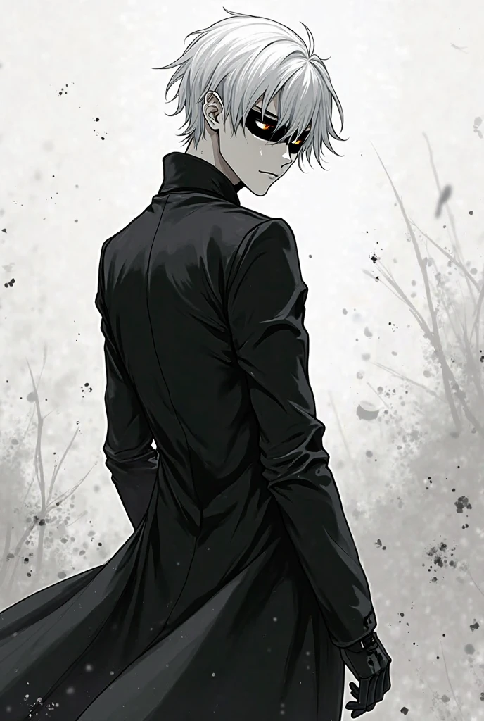 You can make a drawing in the style of a 2d anime in black and white, where an albino guy is looking over his shoulder, wearing a black trench coat, black gloves, a black ribbon covering his eyes