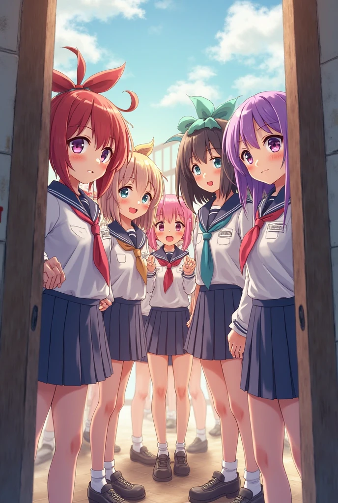 3 girls, triplets. Are stand, medium Hair, long hair, ponytail, pink hair, purple eyes, blue eyes, red eyes, cute white underwear, cute white dress, smile, 恥ずかしい, angry, (cowboy shot), ((showing underwear)), ((skirt lift by myself)), ((32K)), ((best quality)), ((ultra high res)), ((HDR)), ((uhd)), ((extremely detailed CG)), ((unity 32K wallpaper)), ((perfect anatomy)), nsfw,