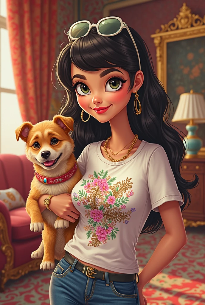 (comic girl:1.2), beautiful woman, sitting on desk, with computer and her dog schnauzer, the woman have black hair, black eyes, canela skin, not much nigger, wavy hair, not paintingnails, have a piercing aro in her mouth at left, uses white corset and jellewery of raccoons in plate, she have a little smile, the makeup that she uses is pestañas curly