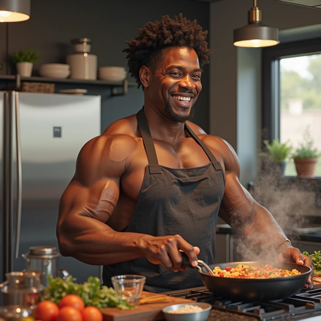 create a image of a bodybuilder cooking