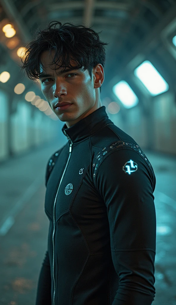 Young white man, black skin jacket,17 years old, military haircut, white hair, intense blue eyes fixed, intense gaze, affiliated features, no facial hair, height 1.88, weight 90 kg, athletic build, broad shoulders, V-shaped body, sleeves tattoo's, full body focus, completely hairless,