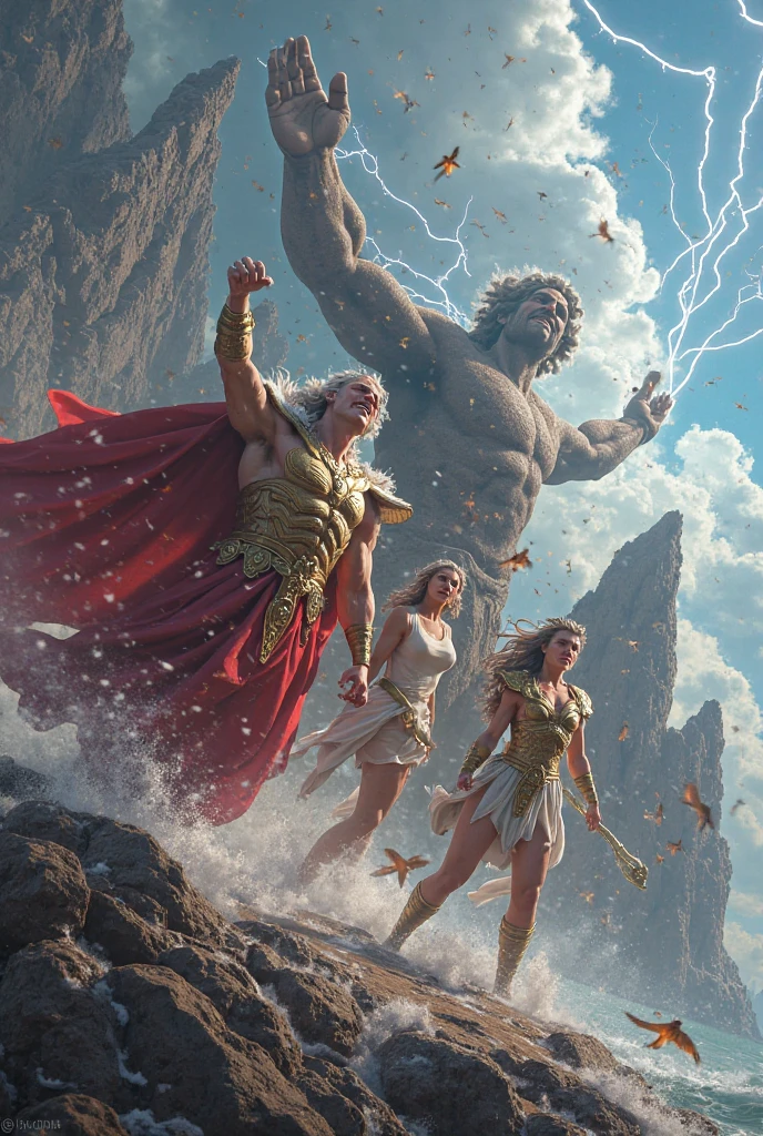 A shirtless body builder king with hair on his shoulder standing on the door of palace with his sword in the air, in back ground 3 slave blonde white tall almost naked girls standing obediently around the king with big breasts coming out from their long sleeveless pink and blue shirts their beautiful hips , looking at him, thunder touches the sword while lightening.all facing towards front,