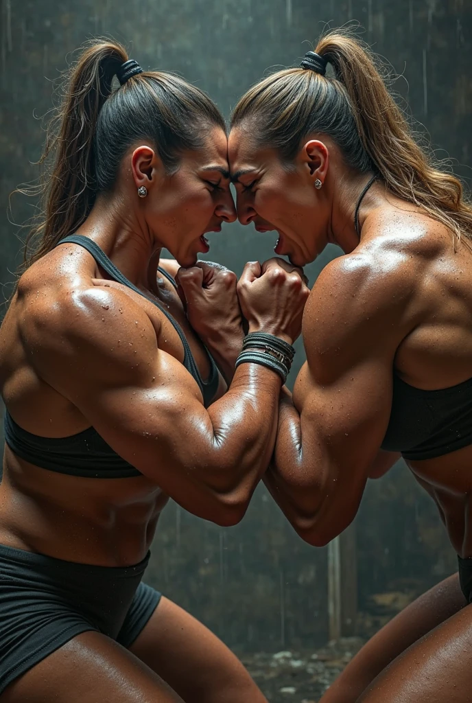Arm wrestling Women Muscular indoor Black Hair ponytail Fox face