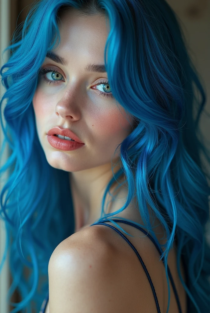 Woman, white, swedish. with blue hair, usando uma camisa white em uma pose sensual.