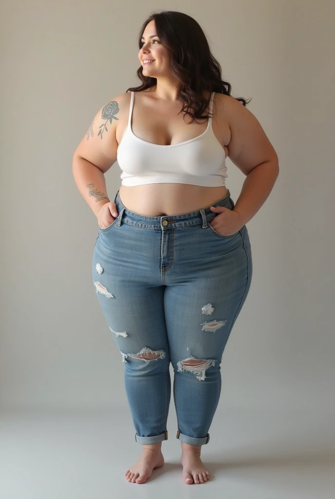 huge breasts, big hips, Tank top, denim shorts, full body shot, Mature mother, Whip lower body, plump thighs, calf, bewitching mature woman, perfect body, plus size model,