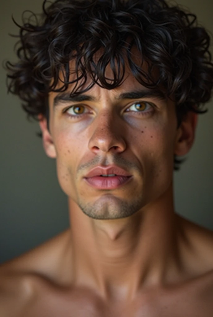 a handsome 30 year old man with curly hair and brown eyes, naked, showing his hairy armpits, seductive face, photograph lit with natural light
