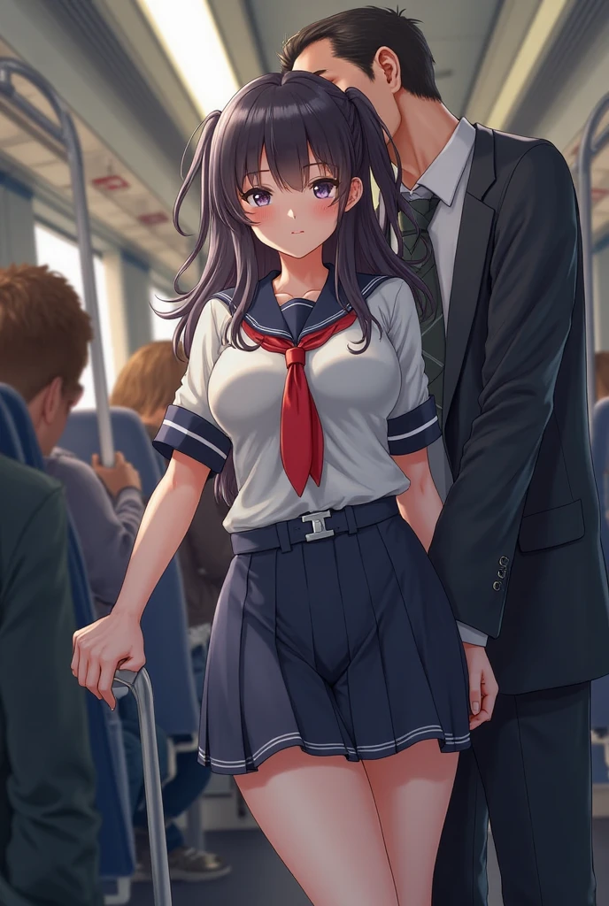 (​masterpiece:1.4),on the train,(1man:1.7),1girl,(man whispers to girl:1.9),( man is touching girl's panties:1.9)、student clothes、standing,on the train、a man lifts a woman's skirt,man touching the crotch of girl、gairl is ,short twintails,man is 50 years old,man is suit,man is short hair,red blush,red tie,serafuku,Dark blue pleated skirt,(skinny:1.0),tikan,