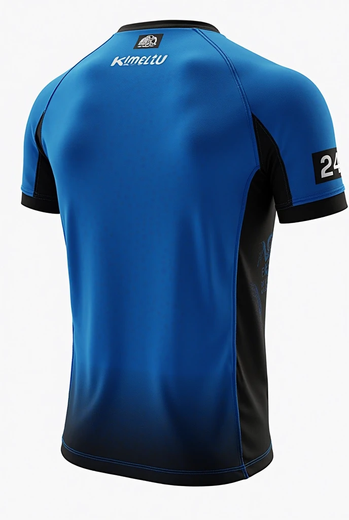 Create an image of a blue volleyball shirt with a darker blue, front and back, with beautiful details, without any writing, just the number 08 WITH DEGRADE at the beginning of the blue shirt