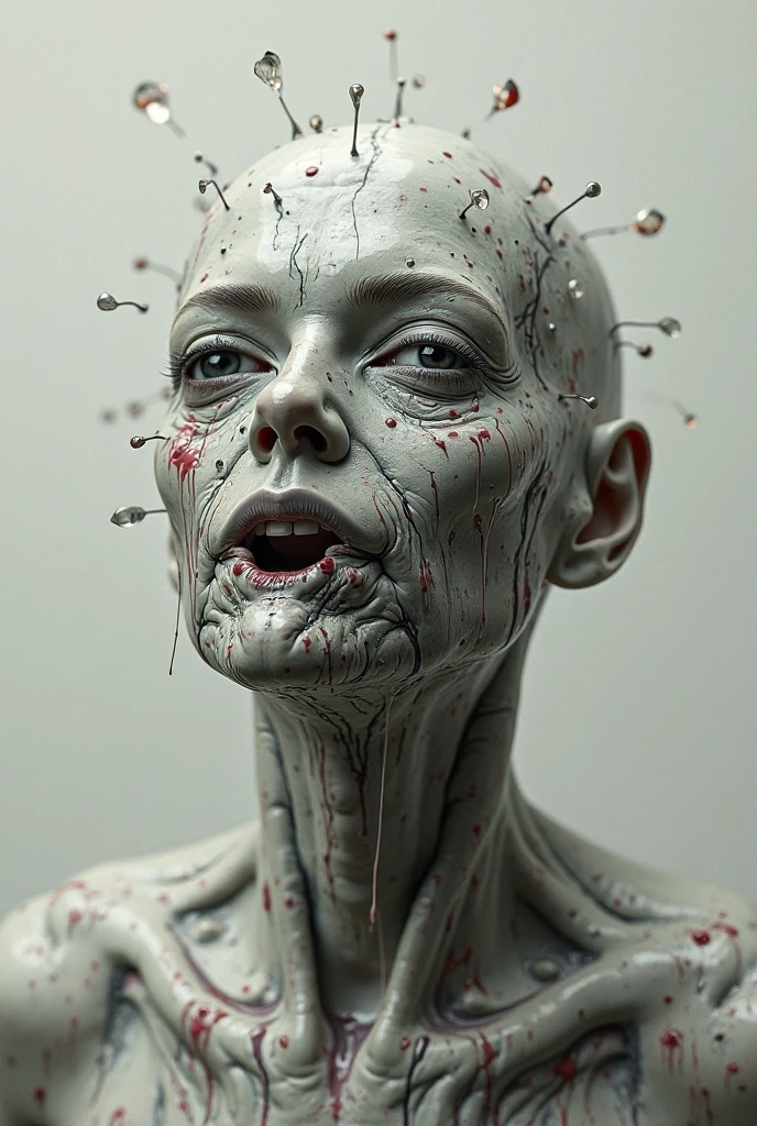 Science experiment, Autopsy, Cranial, Clinical, scientific, Ultra realistic photograph, focus on the intricate detail, day time photography, ultra long exposure, wired lights encompass the subject, backlit, ring lights, Intricately detailed Translucent skin with veins showing, translucency, see through skin showing the brain, Translucent aesthetics, a human head with see through translucent skin showing the skull and veins and eye socket teeth and inside the mouth can be see through the translucent skin, veins can be seen, bones can be seen, vivid colours, trending on Behanced, bokeh, shallow depth of field, shot with a Leica c2 Camera, hyperrealism, acrylic shell.