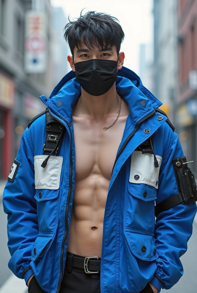 Teen male posing, boxerbriefs, skinny body, atmospheric, cute face, white hair, blood, mask, dead inside, white school shirt